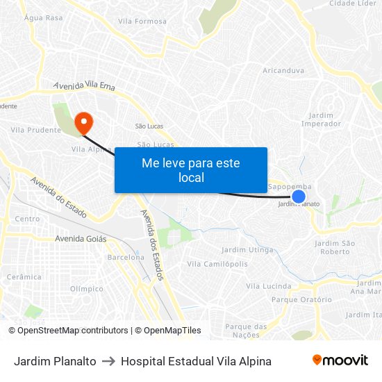 Jardim Planalto to Hospital Estadual Vila Alpina map