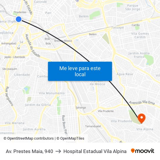 Av. Prestes Maia, 940 to Hospital Estadual Vila Alpina map