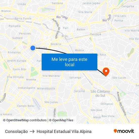 Consolação to Hospital Estadual Vila Alpina map