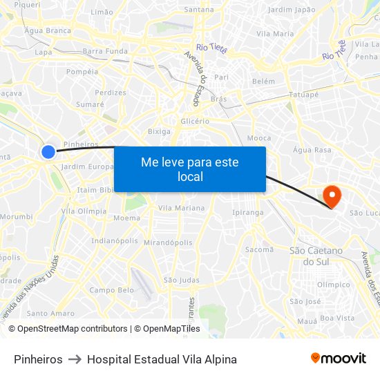 Pinheiros to Hospital Estadual Vila Alpina map