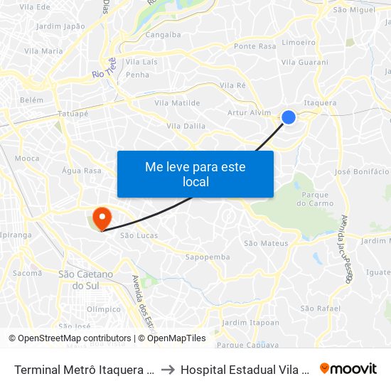 Terminal Metrô Itaquera Norte to Hospital Estadual Vila Alpina map