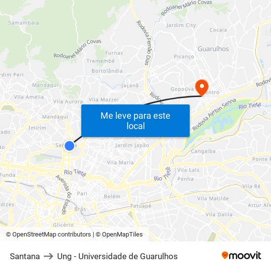 Santana to Ung - Universidade de Guarulhos map