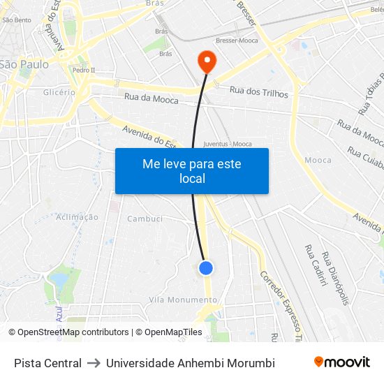 Pista Central to Universidade Anhembi Morumbi map