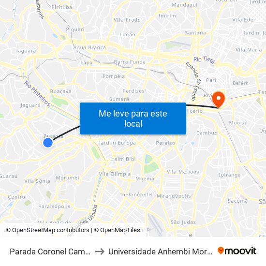 Parada Coronel Camisão to Universidade Anhembi Morumbi map