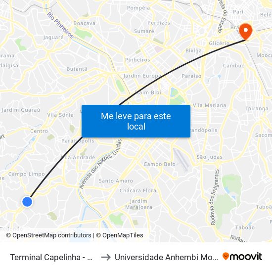 Terminal Capelinha - Plat. 2 to Universidade Anhembi Morumbi map