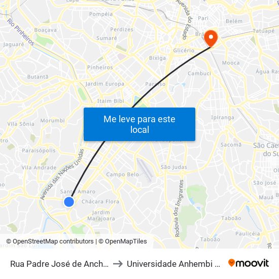 Rua Padre José de Anchieta 182 to Universidade Anhembi Morumbi map