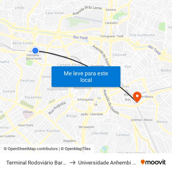 Terminal Rodoviário Barra Funda to Universidade Anhembi Morumbi map
