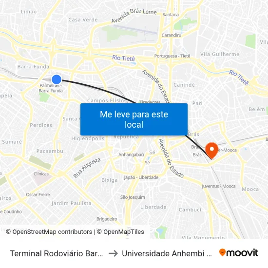 Terminal Rodoviário Barra Funda to Universidade Anhembi Morumbi map
