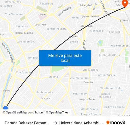 Parada Baltazar Fernandes (C/B) to Universidade Anhembi Morumbi map