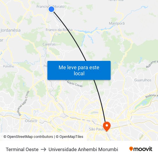 Terminal Oeste to Universidade Anhembi Morumbi map