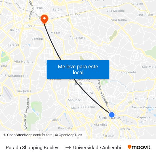Parada Shopping Boulevard Itambé to Universidade Anhembi Morumbi map