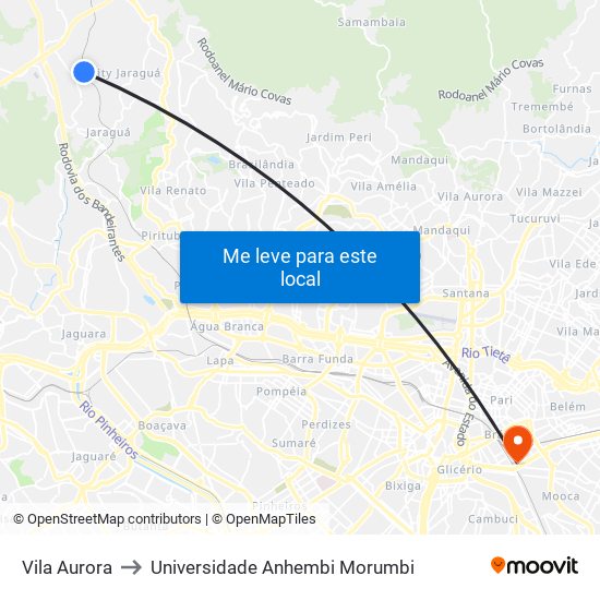 Vila Aurora to Universidade Anhembi Morumbi map