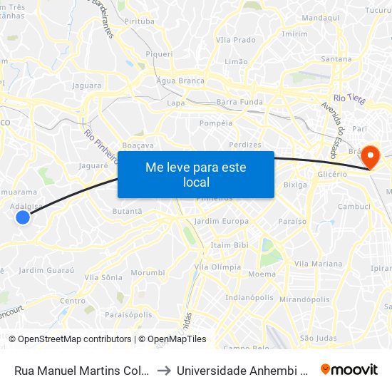 Rua Manuel Martins Colaço 169 to Universidade Anhembi Morumbi map