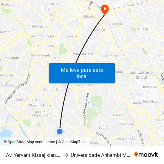 Av. Yervant Kissajikian, 1816 to Universidade Anhembi Morumbi map