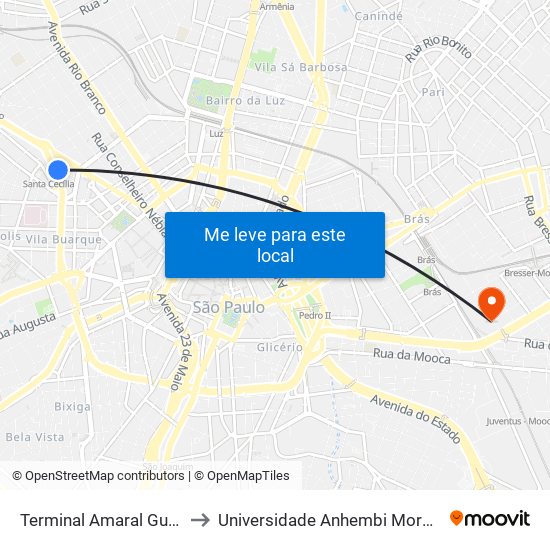 Terminal Amaral Gurgel to Universidade Anhembi Morumbi map