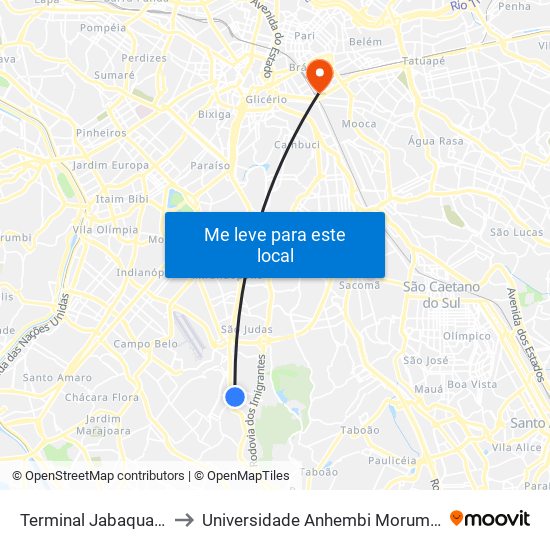 Terminal Jabaquara to Universidade Anhembi Morumbi map