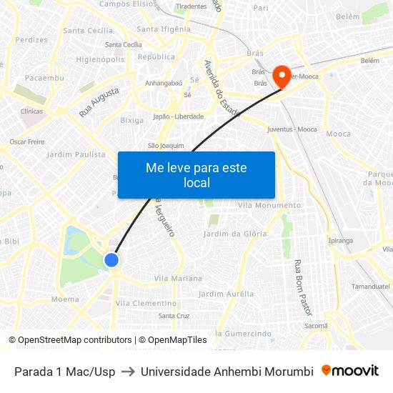 Parada 1 Mac/Usp to Universidade Anhembi Morumbi map