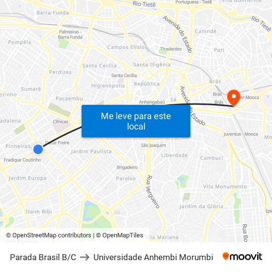 Parada Brasil B/C to Universidade Anhembi Morumbi map