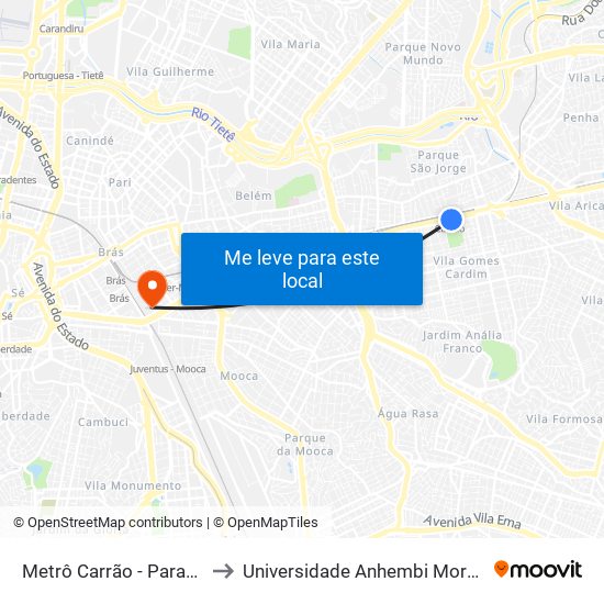 Metrô Carrão - Parada 1 to Universidade Anhembi Morumbi map