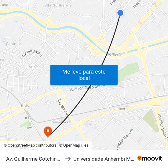 Av. Guilherme Cotching, 1139 to Universidade Anhembi Morumbi map