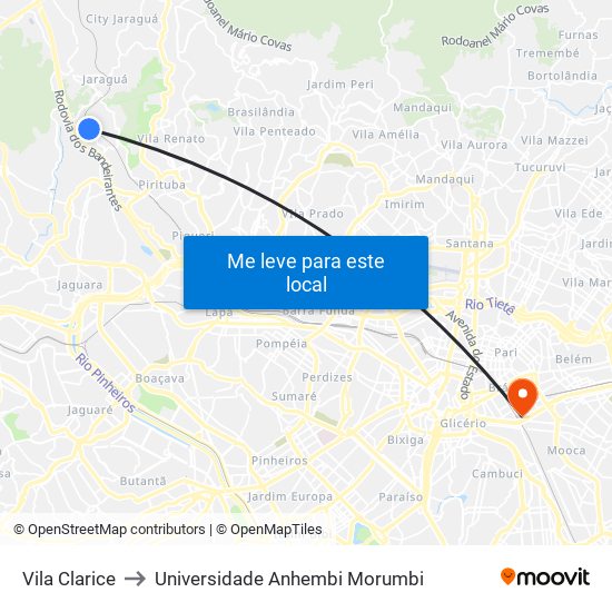 Vila Clarice to Universidade Anhembi Morumbi map