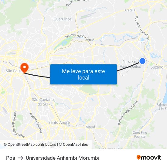 Poá to Universidade Anhembi Morumbi map