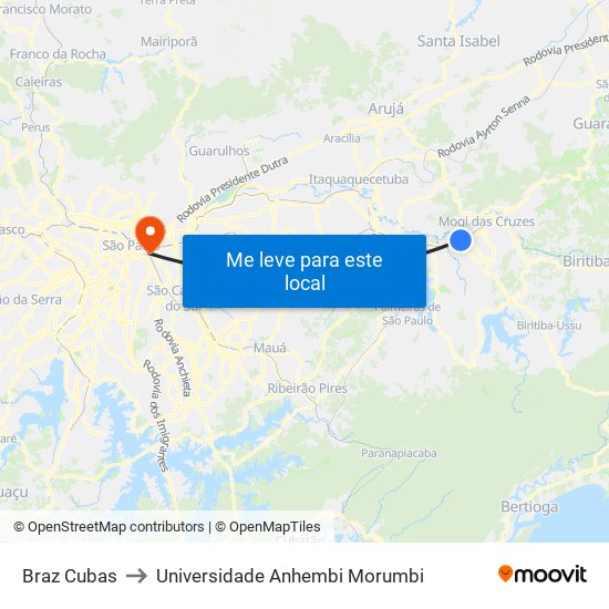 Braz Cubas to Universidade Anhembi Morumbi map