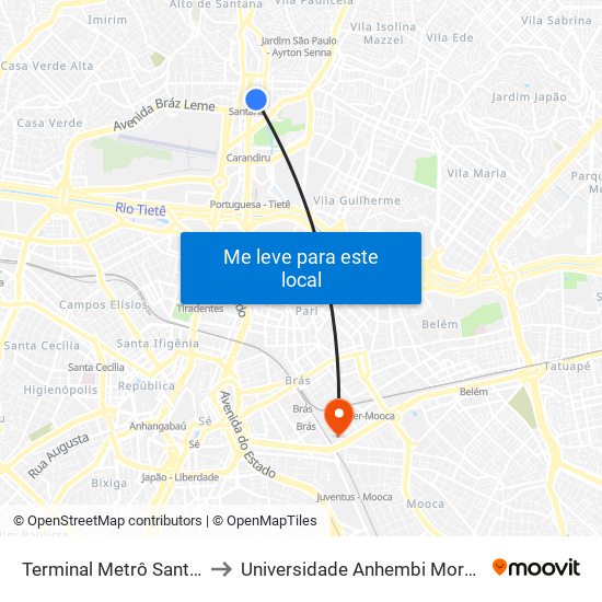 Terminal Metrô Santana to Universidade Anhembi Morumbi map