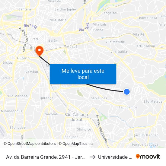 Av. da Barreira Grande, 2941 - Jardim das Rosas (Zona Leste I), São Paulo to Universidade Anhembi Morumbi map