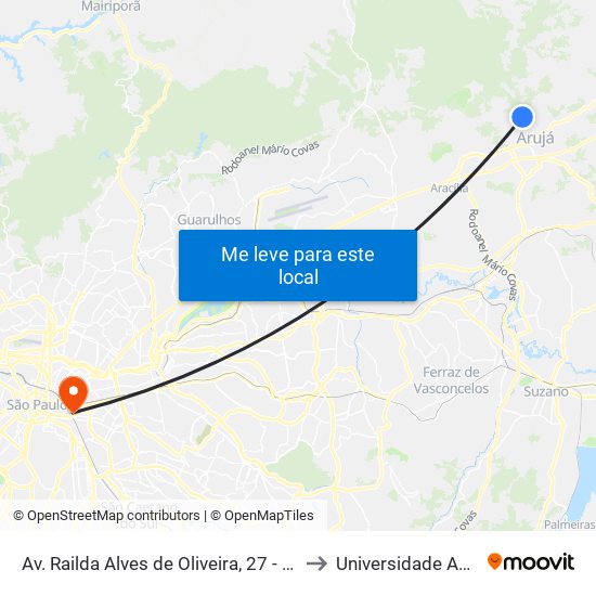 Av. Railda Alves de Oliveira, 27 - Parque Rodrigo Barreto, Arujá to Universidade Anhembi Morumbi map