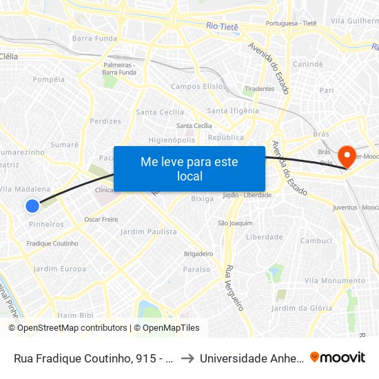 Rua Fradique Coutinho, 915 - Pinheiros, São Paulo to Universidade Anhembi Morumbi map