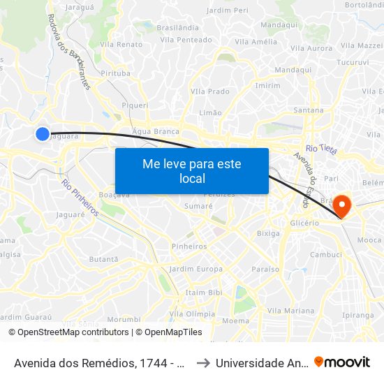 Avenida dos Remédios, 1744 - Vila Santa Edwiges, São Paulo to Universidade Anhembi Morumbi map