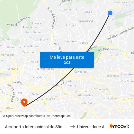 Aeroporto Internacional de São Paulo (Terminal de Passageiros 1) to Universidade Anhembi Morumbi map