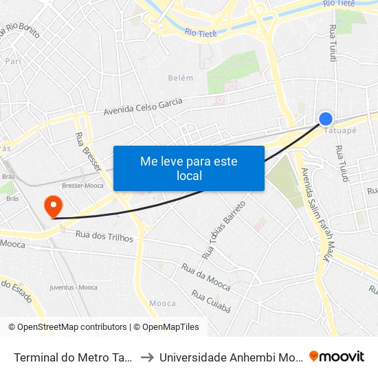 Terminal do Metro Tatuape to Universidade Anhembi Morumbi map