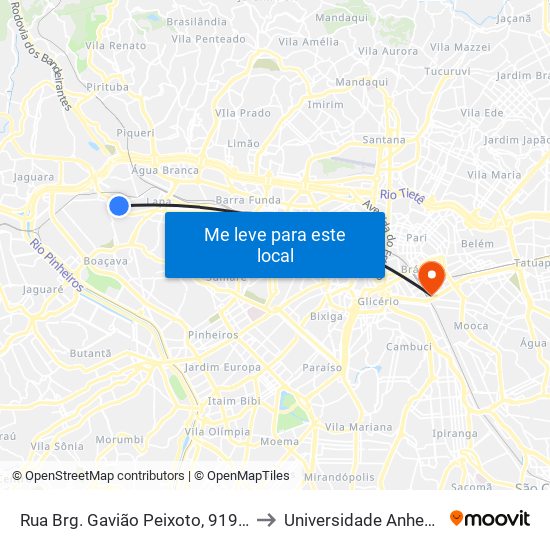 Rua Brg. Gavião Peixoto, 919 - Lapa, São Paulo to Universidade Anhembi Morumbi map