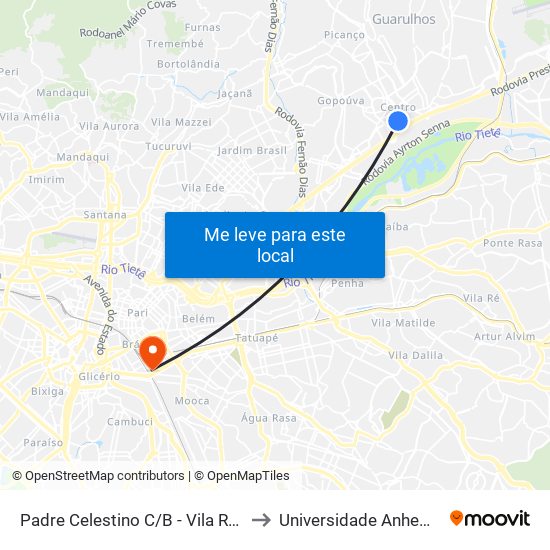 Padre Celestino C/B - Vila Rachid, Guarulhos to Universidade Anhembi Morumbi map