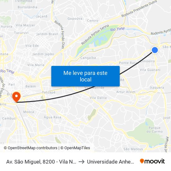 Av. São Miguel, 8200 - Vila Norma, São Paulo to Universidade Anhembi Morumbi map