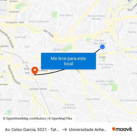 Av. Celso Garcia, 5021 - Tatuapé, São Paulo to Universidade Anhembi Morumbi map
