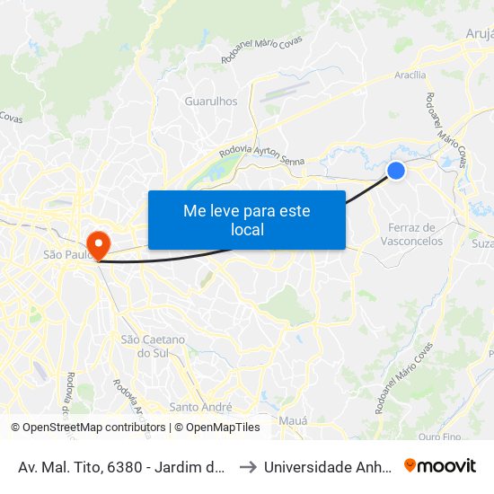 Av. Mal. Tito, 6380 - Jardim das Oliveiras, São Paulo to Universidade Anhembi Morumbi map