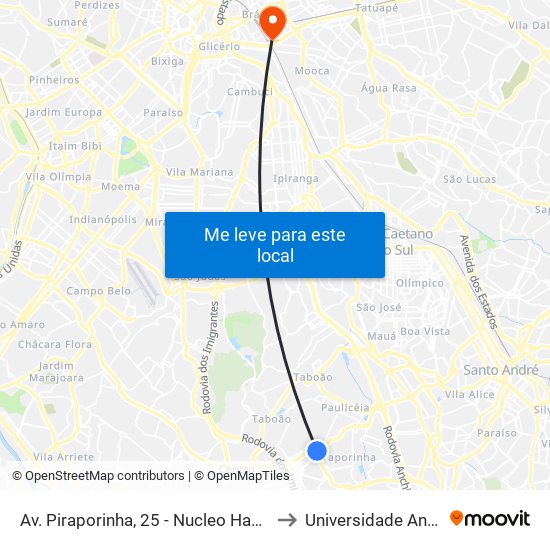 Av. Piraporinha, 25 - Nucleo Hab. Nova Conquista, Diadema to Universidade Anhembi Morumbi map