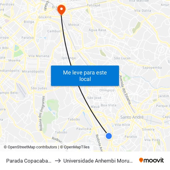 Parada Copacabana to Universidade Anhembi Morumbi map