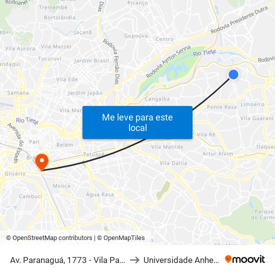 Av. Paranaguá, 1773 - Vila Paranagua, São Paulo to Universidade Anhembi Morumbi map