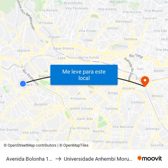 Avenida Bolonha 168 to Universidade Anhembi Morumbi map