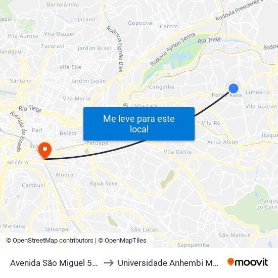 Avenida São Miguel 5263 B to Universidade Anhembi Morumbi map