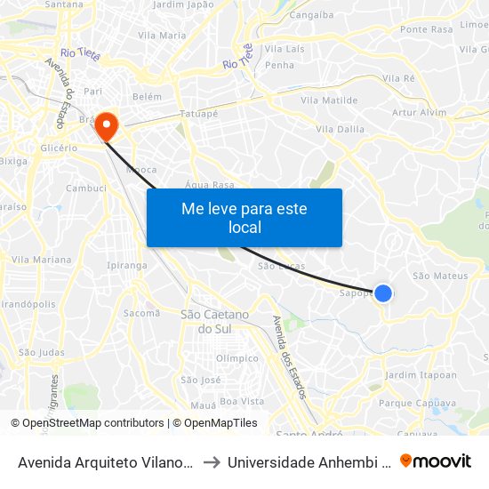 Avenida Arquiteto Vilanova Artigas to Universidade Anhembi Morumbi map