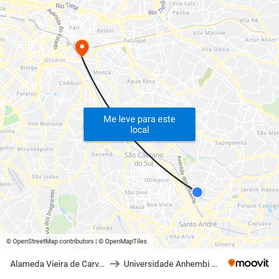 Alameda Vieira de Carvalho 31 to Universidade Anhembi Morumbi map