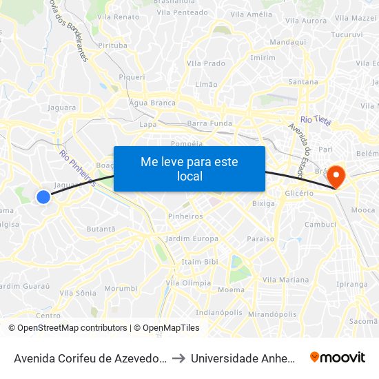 Avenida Corifeu de Azevedo Marques 5643 to Universidade Anhembi Morumbi map