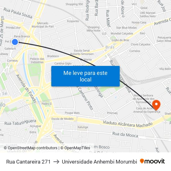 Rua Cantareira 271 to Universidade Anhembi Morumbi map