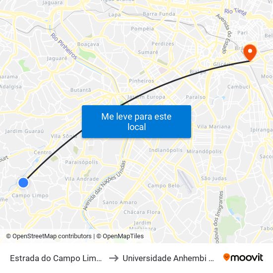 Estrada do Campo Limpo 4042 to Universidade Anhembi Morumbi map