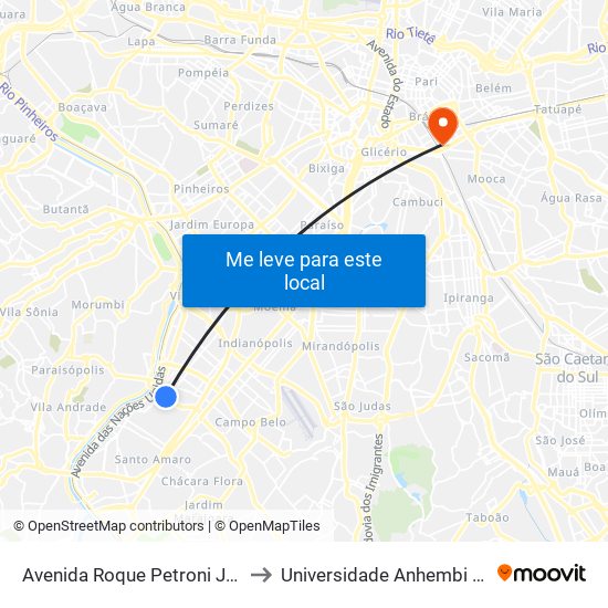 Avenida Roque Petroni Júnior 998 to Universidade Anhembi Morumbi map